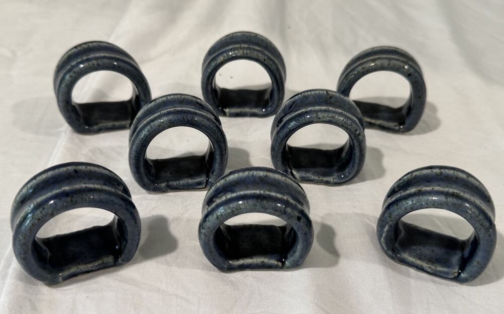 Vintage Handmade Ceramic Blue Glazed Pottery Napkin Rings Set of 8